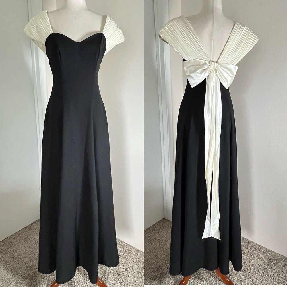 Vintage 90s Y2k Alfred Angelo Black White Bow Column Formal Dress US 9/10